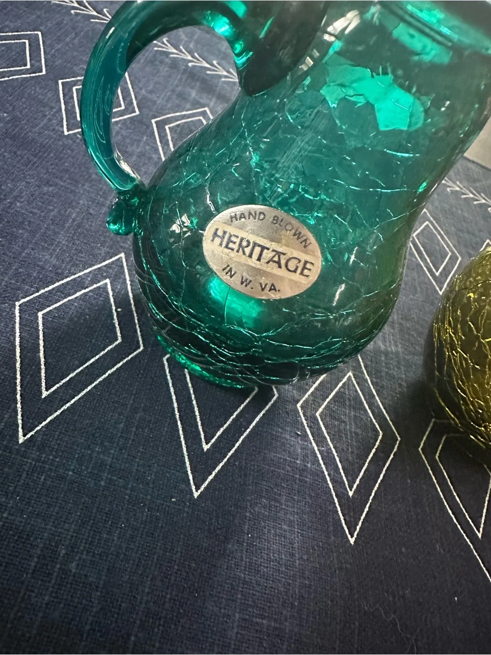 Heritage Teal and Empire Olive Crackle Glass Pitchers - MCM